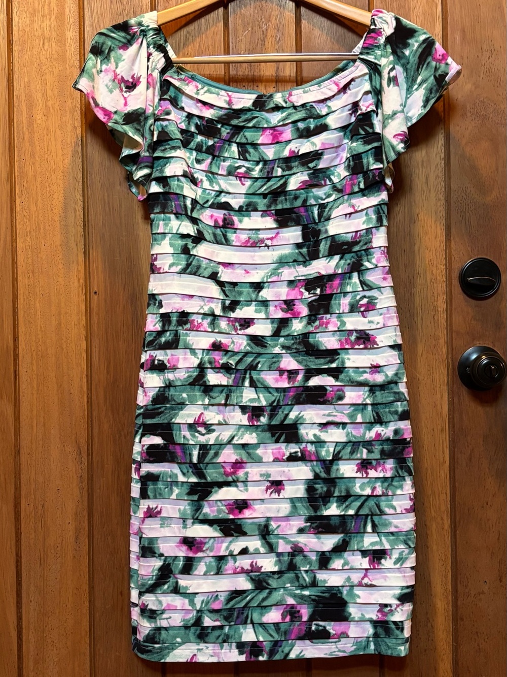 London Times by Maggie London Floral Bandage Sheath Dress in Green & Pink